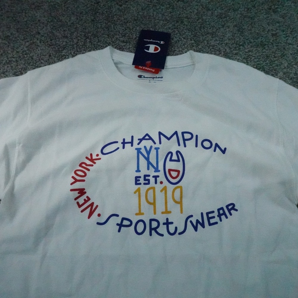 NEW Champion Shirt Mens S White Graphic Logo Short Sleeve T-shirt Tee Casual Top - Picture 1 of 10